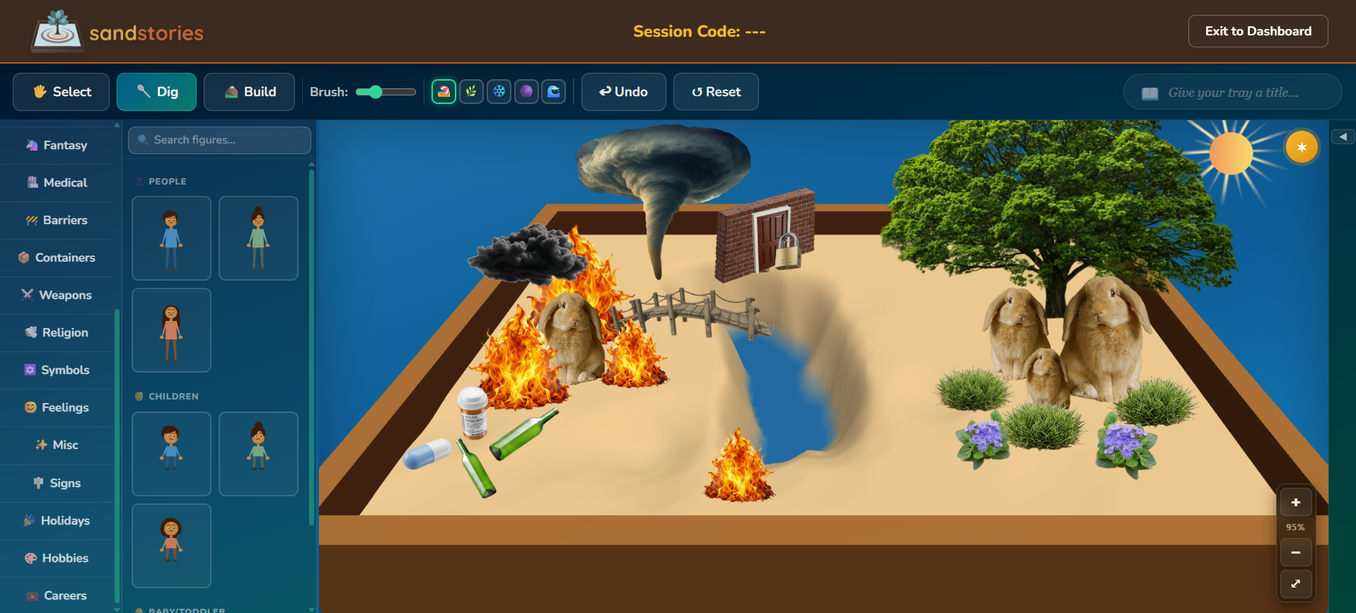 The Sandstories virtual sandtray — figures placed on a digital sand canvas during a live session
